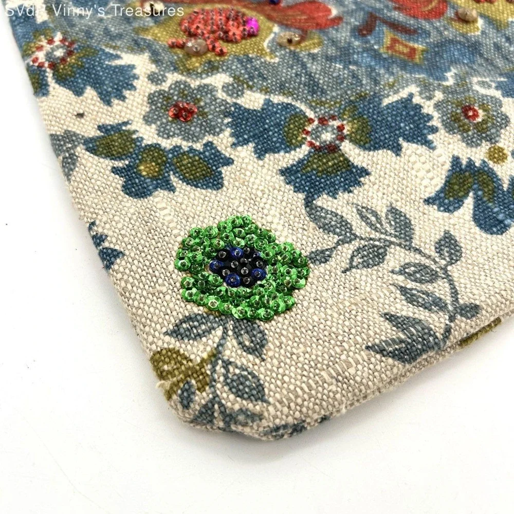 Bohemian Blue Beige Floral Beaded Sequin Embellished Canvas Knot Handbag